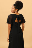 Black Batwing Sleeves Long Chiffon Bridesmaid Dress