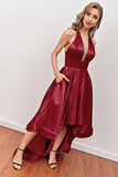 Burgundy High Low Formal Dress with Pockets