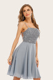 Grey Beaded Short Graduation Dress