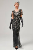 Black Blush Sequins Long 1920s Dress