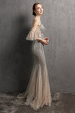 Champagne Sequin Long Formal Dress with Ruffles