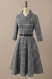 Retro Style Dark Grey Vintage Dress with Long Sleeves