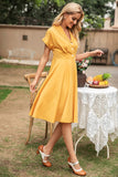 Elegant Yellow V Neck Vintage Dress