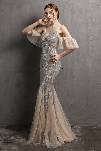 Champagne Sequin Long Formal Dress with Ruffles