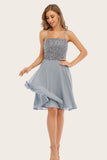 Grey Beaded Short Graduation Dress