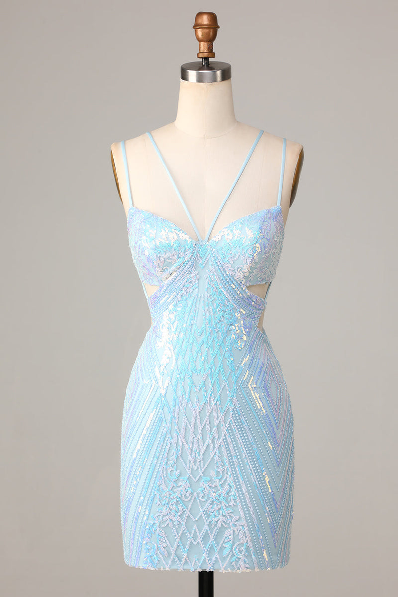 Load image into Gallery viewer, Bodycon Spaghetti Straps Blue Sequins Short Formal Dress