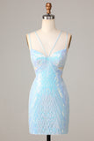 Bodycon Spaghetti Straps Blue Sequins Short Formal Dress