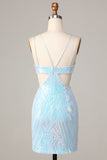 Bodycon Spaghetti Straps Blue Sequins Short Formal Dress