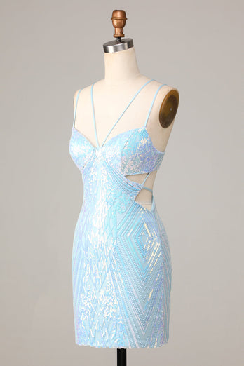 Bodycon Spaghetti Straps Blue Sequins Short Formal Dress