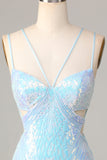 Bodycon Spaghetti Straps Blue Sequins Short Formal Dress