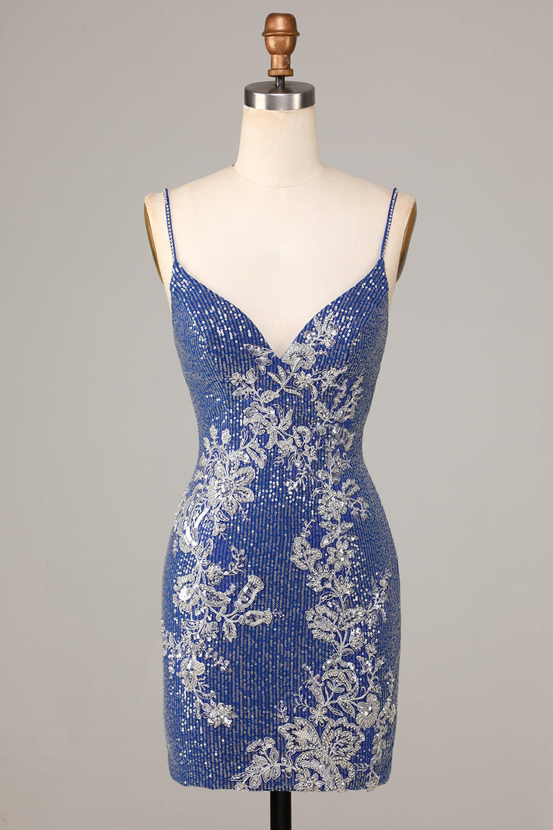 Load image into Gallery viewer, Bodycon Spaghetti Straps Dark Blue Short Formal Dress with Embroidery