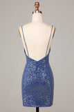 Bodycon Spaghetti Straps Dark Blue Short Formal Dress with Embroidery