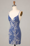 Bodycon Spaghetti Straps Dark Blue Short Formal Dress with Embroidery