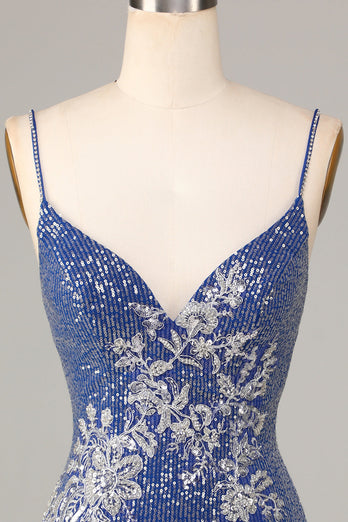 Bodycon Spaghetti Straps Dark Blue Short Formal Dress with Embroidery