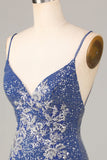 Bodycon Spaghetti Straps Dark Blue Short Formal Dress with Embroidery