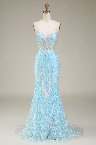 Blue Spaghetti Straps Sparkly Mermaid Formal Dress