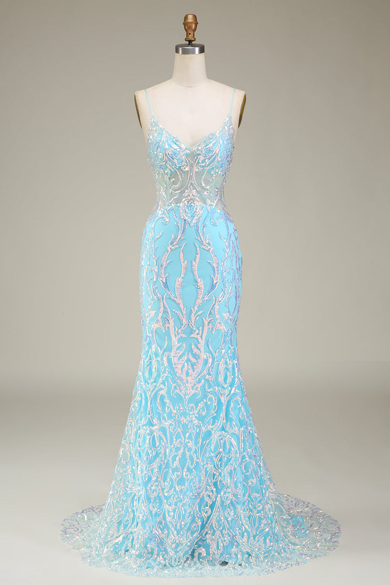 Load image into Gallery viewer, Blue Spaghetti Straps Sparkly Mermaid Formal Dress