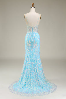 Blue Spaghetti Straps Sparkly Mermaid Formal Dress