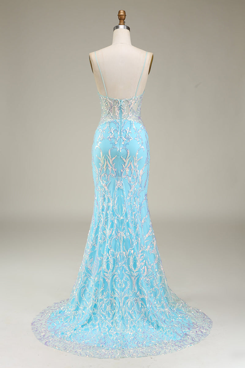 Load image into Gallery viewer, Blue Spaghetti Straps Sparkly Mermaid Formal Dress
