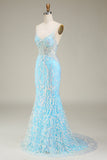 Blue Spaghetti Straps Sparkly Mermaid Formal Dress