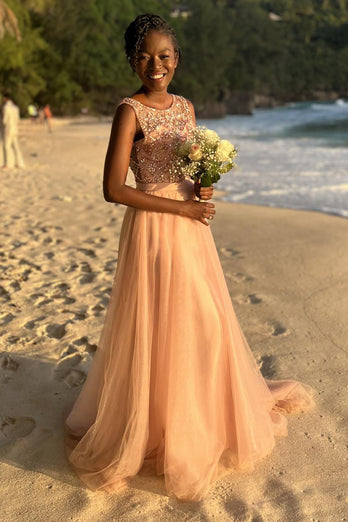 Sparkly Beaded Long Tulle Bridesmaid Formal Dress