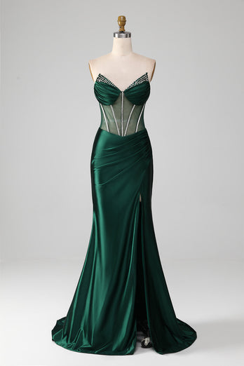 Dark Green Strapless Corset Mermaid Pleated Formal Dress