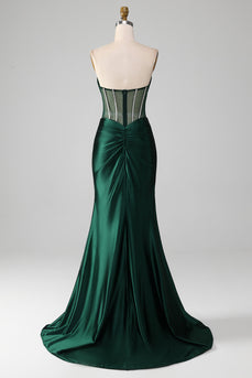 Dark Green Strapless Corset Mermaid Pleated Formal Dress