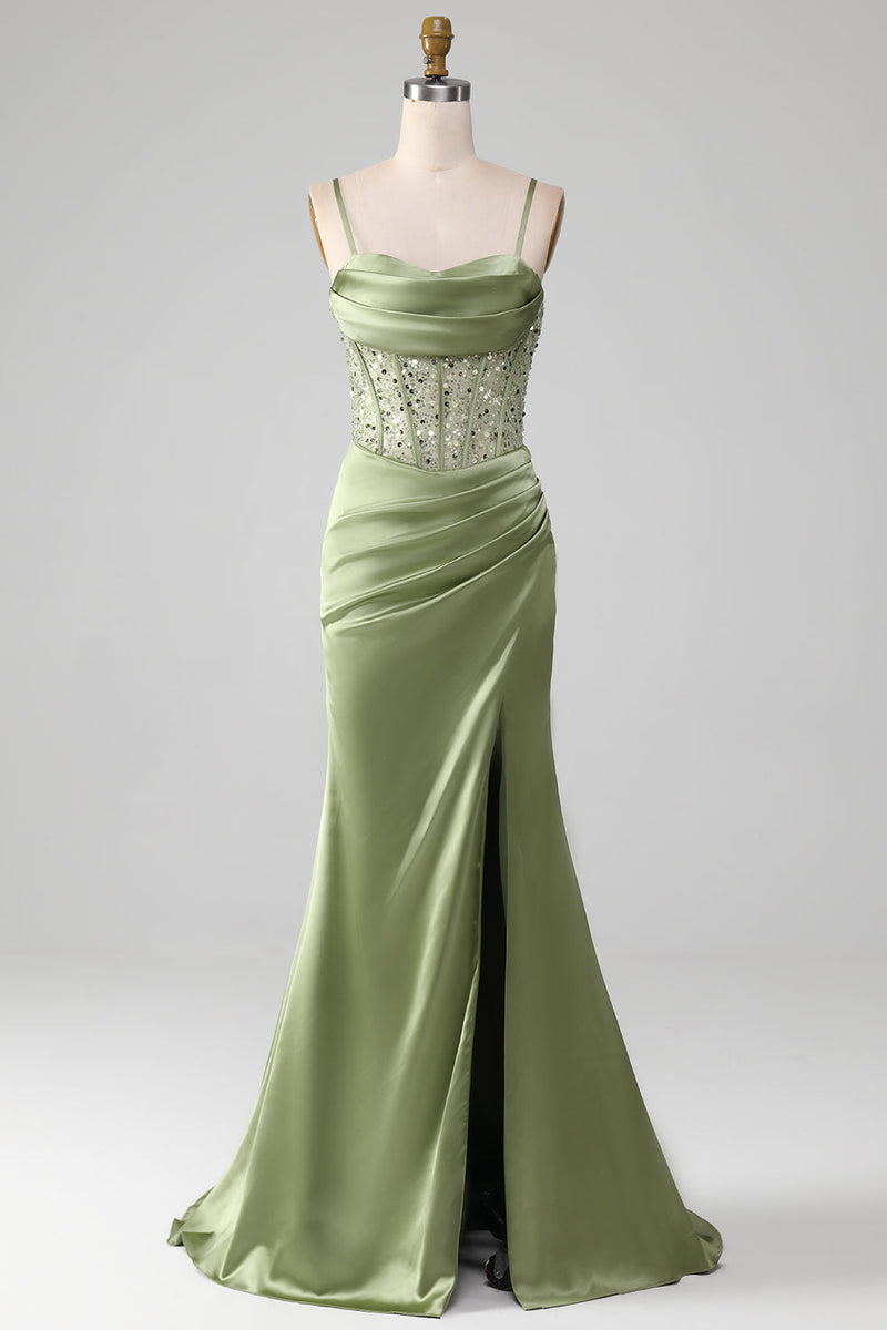 Load image into Gallery viewer, Sage Green Spaghetti Straps Satin Pleated Mermaid Corset Formal Dress