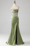 Sage Green Spaghetti Straps Satin Pleated Mermaid Corset Formal Dress