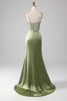 Sage Green Spaghetti Straps Satin Pleated Mermaid Corset Formal Dress