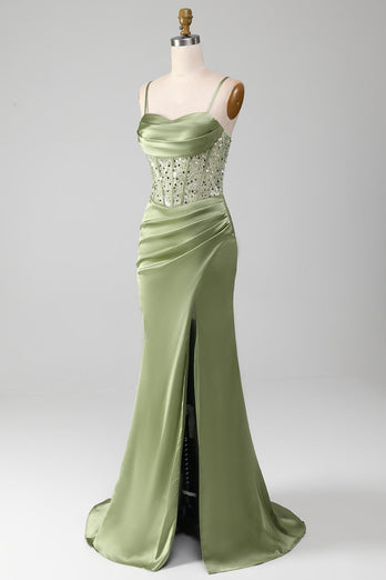 Sage Green Spaghetti Straps Satin Pleated Mermaid Corset Formal Dress