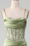 Sage Green Spaghetti Straps Satin Pleated Mermaid Corset Formal Dress