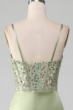 Sage Green Spaghetti Straps Satin Pleated Mermaid Corset Formal Dress