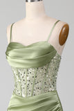 Sage Green Spaghetti Straps Satin Pleated Mermaid Corset Formal Dress