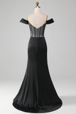 Black Off the Shoulder Satin Corset Mermaid Formal Dress with Slit