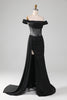 Load image into Gallery viewer, Black Off the Shoulder Satin Corset Mermaid Formal Dress with Slit