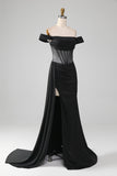 Black Off the Shoulder Satin Corset Mermaid Formal Dress with Slit