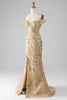 Load image into Gallery viewer, Mermaid Off The Shoulder Golden Long Beaded Formal Dress with Slit