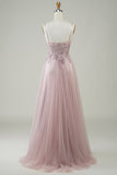 Sparkly Blush A-Line Tulle Long Formal Dress with Lace