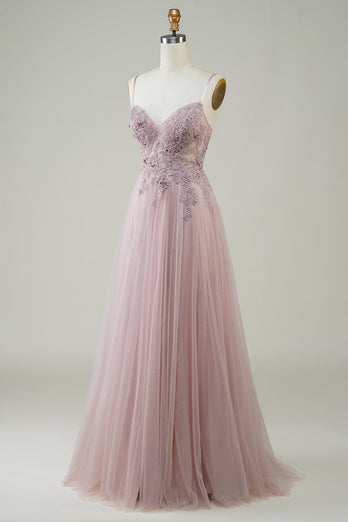 Sparkly Blush A-Line Tulle Long Formal Dress with Lace