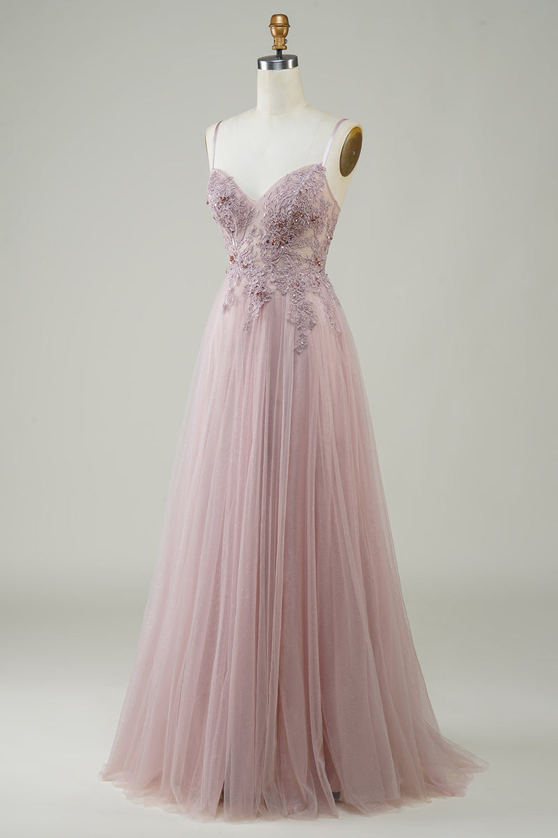 Load image into Gallery viewer, Sparkly Blush A-Line Tulle Long Formal Dress with Lace