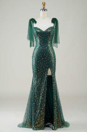 Sparkly Dark Green Mermaid Sequin Long Formal Dress with Slit