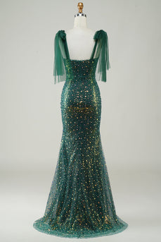 Sparkly Dark Green Mermaid Sequin Long Formal Dress with Slit