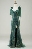 Sparkly Dark Green Mermaid Sequin Long Formal Dress with Slit