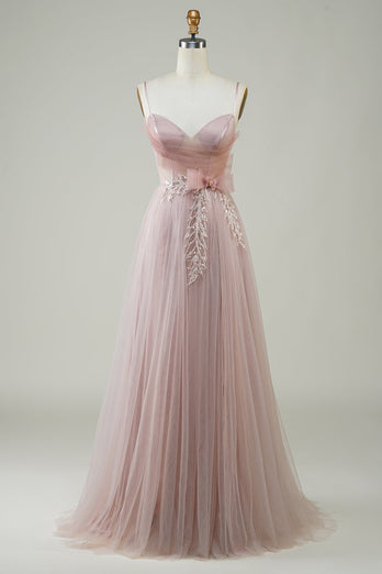 Blush A-Line Corset Long Tulle Formal Dress with Appliques