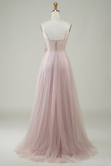Blush A-Line Corset Long Tulle Formal Dress with Appliques