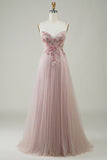 Blush Corset A-Line Long Formal Dress with Flowers