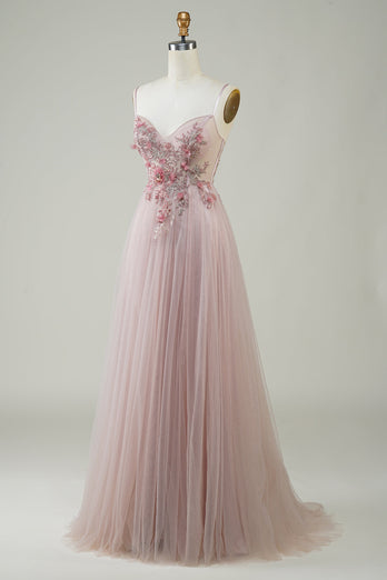 Blush Corset A-Line Long Formal Dress with Flowers