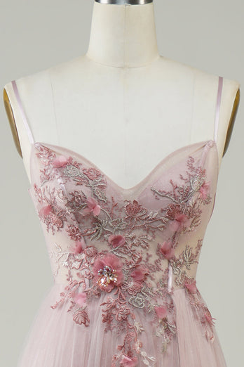 Blush Corset A-Line Long Formal Dress with Flowers
