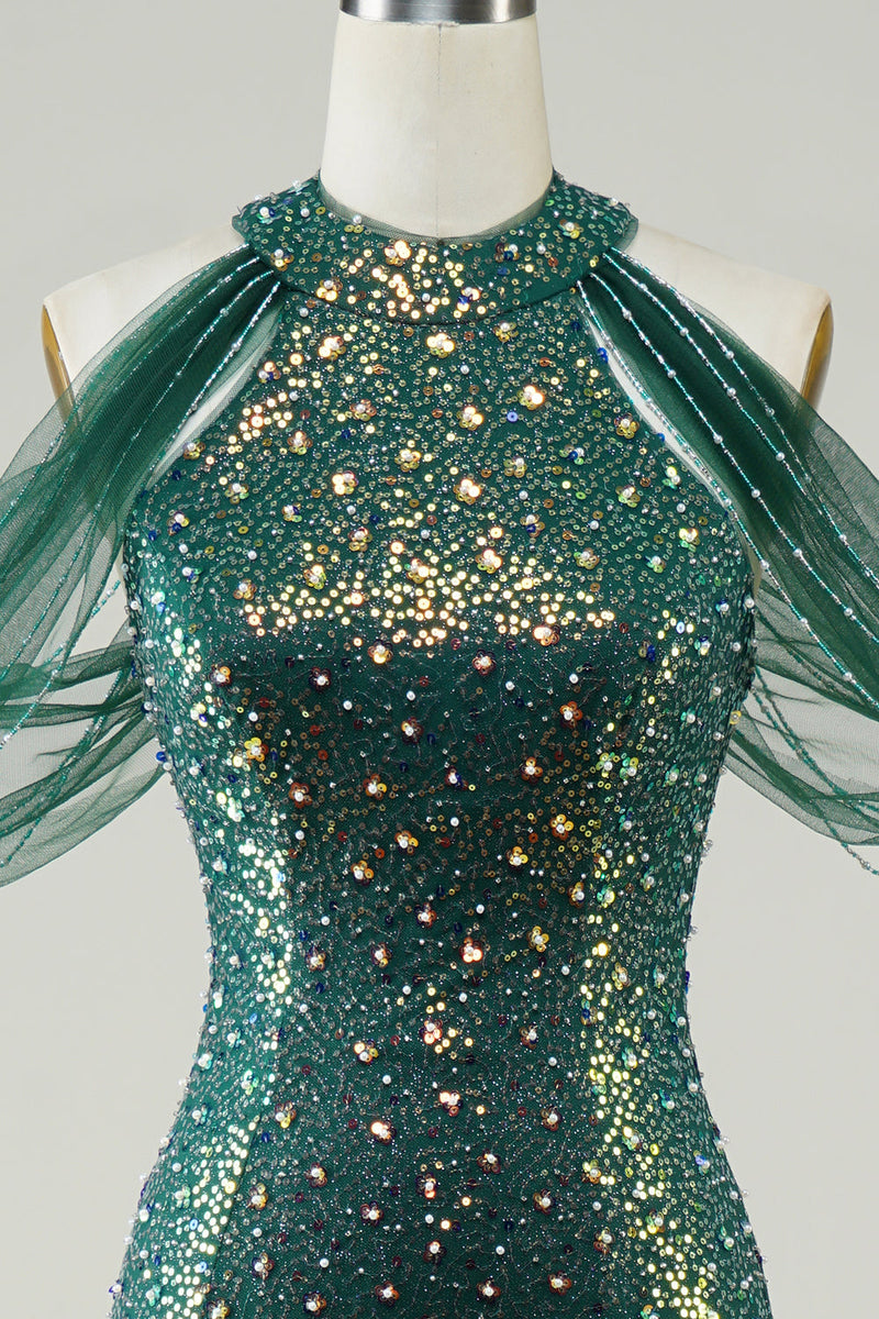 Load image into Gallery viewer, Sparkly Dark Green Sequin Mermaid Long Formal Dress